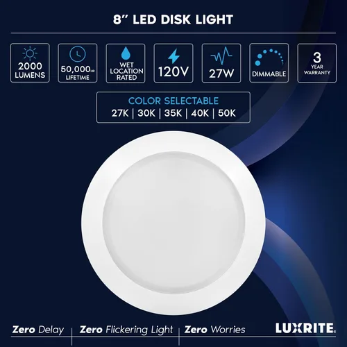 Vista 7 de LUXRITE Lámparas de disco LED de 8", 27W, 5CCT seleccionables 2700K-5000K, lámpara de techo empotrable para montaje empotrado, 2000LM, regulable
