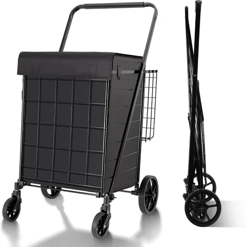 Vista 11 de BIEAMA Carrito de compras plegable, carrito de comestibles de capacidad de Carrito + Cesta