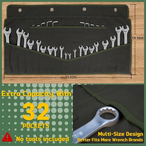 Vista 2 de Rollo de llaves de 30 bolsillos, resistente de 16 onzas. Bolsa organizadora de llaves de lona encerada para llaves métricas y SAE, bolsa de llaves