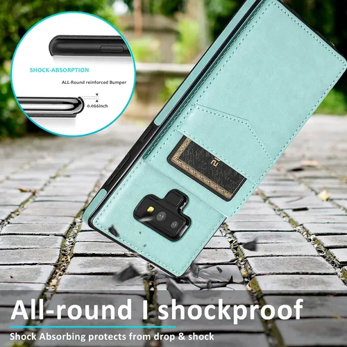 Vista 7 de Funda tipo cartera de piel verde para Samsung Galaxy Note 9 con protector de vidrio templado, tarjetero y función atril