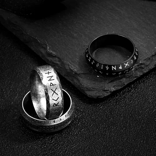 Vista 6 de Dochais 3 anillos vikingos para hombres, anillos vikingos nórdicos para hombre, anillos de acero inoxidable, vintage, anillo de runas celtas, anillo