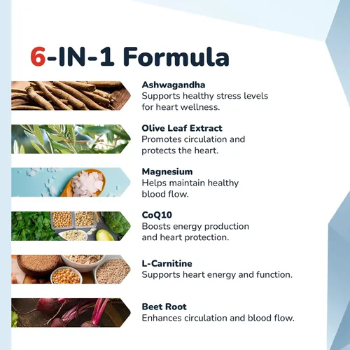 Vista 6 de HealthyHeart Support+ Suplementos 6 en 1 para la salud cardíaca con Ashwagandha, CoQ10, raíz de remolacha, hoja de olivo, magnesio y L-carnitina