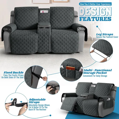 Vista 3 de TAOCOCO Funda de sofá reclinable 100% impermeable con consola, funda de sofá reclinable reversible para 2 asientos con correas para las piernas