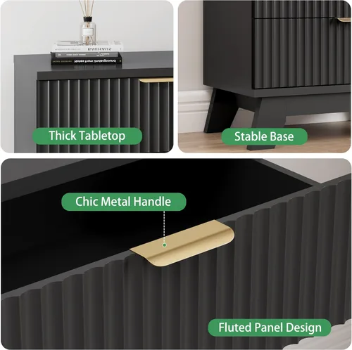 Vista 4 de Cómoda acanalada para dormitorio con 3 cajones, cómoda moderna de 24 pulgadas de ancho con mango de metal, soporte de TV de madera, armario de Negro