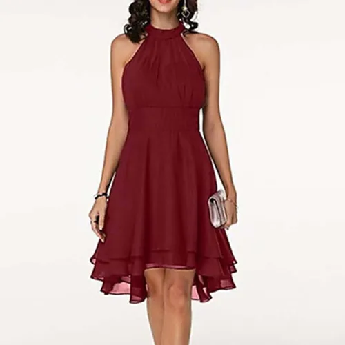 Vista 2 de MRGIINRI Vestido de verano bohemio para mujer, vestido sexy sin mangas, cuello halter, cintura elástica, con volantes, mini vestido con vuelo