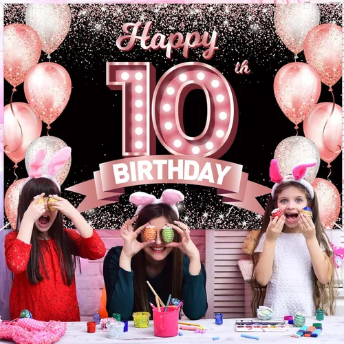 Vista 5 de Cartel de feliz cumpleaños décimo oro rosa, telón de fondo, saludos a 10 años, globos de confeti, decoración temática para niñas de 10 años