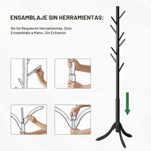 Vista 7 de kiplant Perchero negro de madera de bambú independiente con 8 ganchos, organizador de pasillo y sombrero de entrada para dormitorio, oficina, ropa