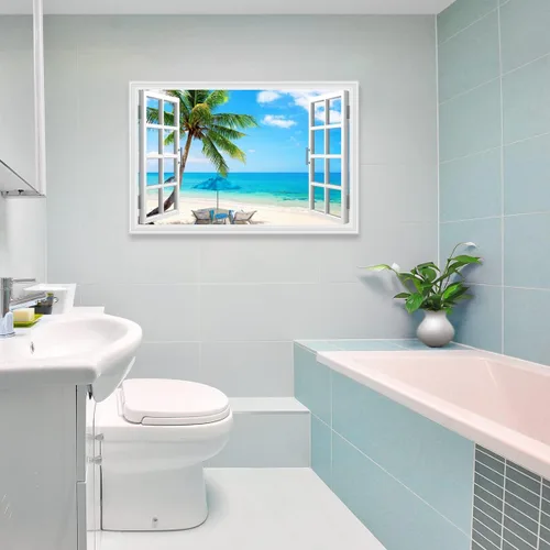 Vista 6 de Woxfcart Arte de pared de palmera de playa, imagen de escena del océano con impresiones de ventana para decoración de sala de estar azul y verde