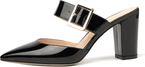 Vista 2 de MODENCOCO Sandalias de tacón alto con correa de patente y puntera puntiaguda para mujer, 3.5 pulgadas