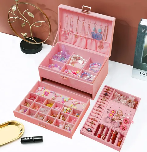 Vista 3 de QBestry Caja organizadora de joyas para mujer, caja de joyería de terciopelo rosa para collares y aretes, anillos, pulseras, joyero, organizador