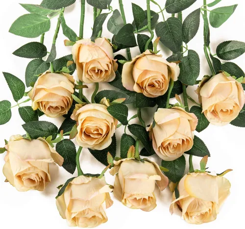 Vista 14 de 10 rosas artificiales de tallo largo, rosas de seda falsas para bricolaje, ramo de boda, mesa, centro de mesa, decoración del hogar (negro)
