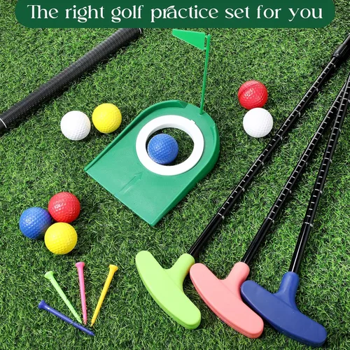Vista 6 de MiniInflat Juego de 4 mini putters de golf con 8 bolas, 4 copas de golf y bandera, camisetas, putter de longitud ajustable de dos vías para golfista
