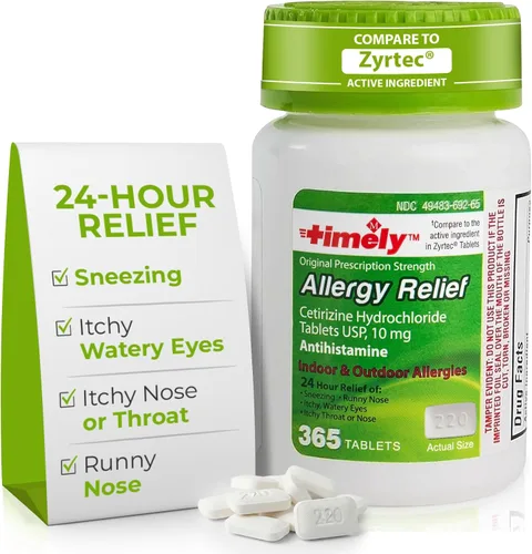 Vista 10 de TIME-Cap Labs - 200 tabletas de cetirizina HCl 10 mg para aliviar la alergia, antihistamínico para adultos y niños a partir de 6 años, ayuda a