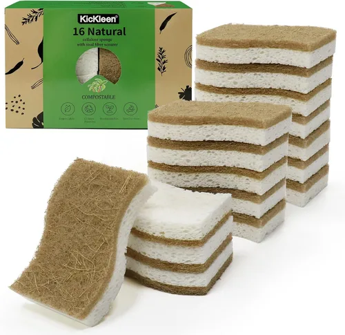 Vista 8 de Paquete de 9 esponjas de cocina naturales biodegradables – Esponja compostable de celulosa y nuez de coco – Esponjas ecológicas sostenibles
