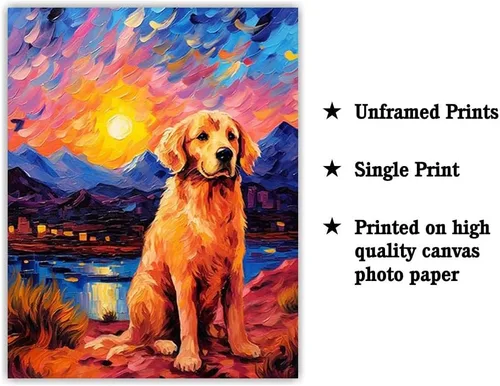 Vista 2 de Bestbuddy Pet 8 x 10 sin marco noche estrellada inspirada Golden Retriever perro senderismo leal amigo familia animal mascota familia pintura al