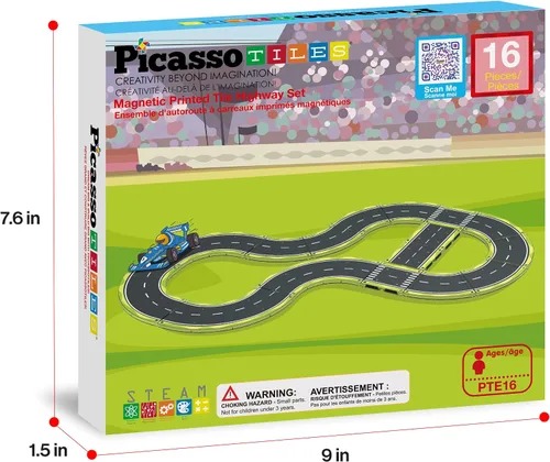 Vista 8 de PicassoTiles Azulejos Magnéticos de Construcción Pista de Autos Vehículo Magnético Tema de Aventura Calle Impresa Carretera Pista Autopista Bloque