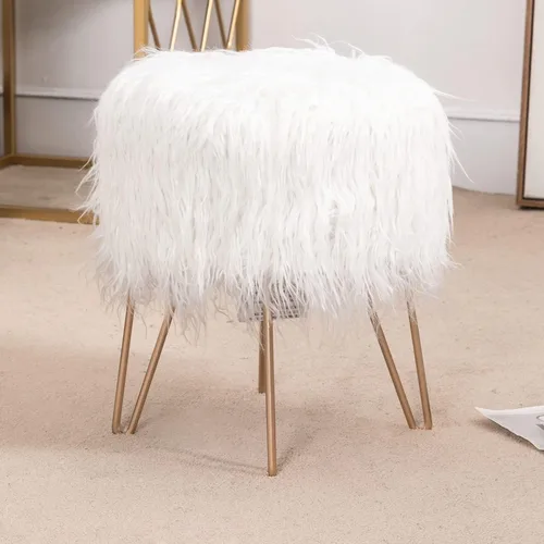 Vista 9 de Adeco Taburete otomano redondo de piel sintética con patas de metal, reposapiés suave y peludo, asiento acolchado, muebles decorativos tapizados Gris
