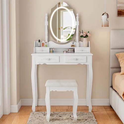 Vista 9 de Escritorio de tocador con espejo y luces, mesa de maquillaje con juego de Blanco