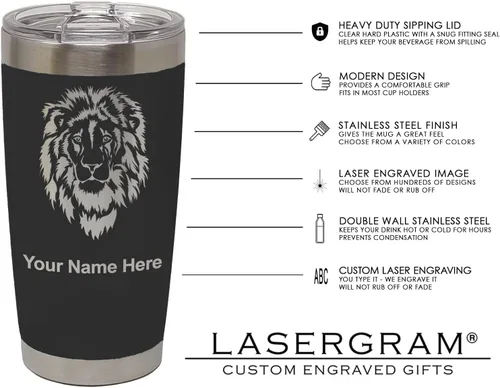 Vista 5 de LaserGram Vaso aislado al vacío de 20 onzas, dragón, grabado personalizado incluido (negro)
