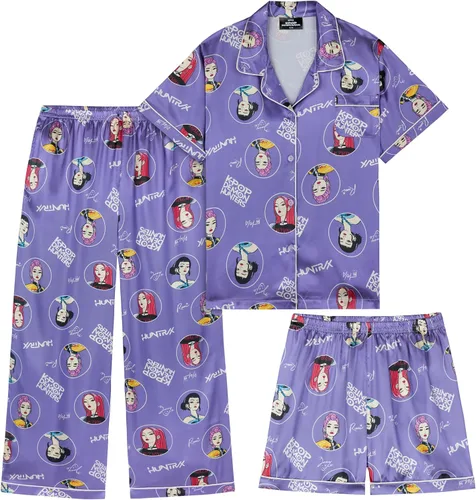 Vista 7 de Get Trend KPop Demon Hunters - Pijamas para niñas, con licencia oficial, conjunto de pijama Huntrix de 3 piezas con pantalones y pantalones cortos