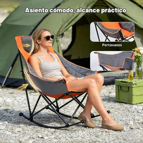 Vista 4 de SUNNYFEEL Silla mecedora de camping de gran tamaño, silla de patio totalmente acolchada con bolsillo lateral, sillón reclinable portátil de césped