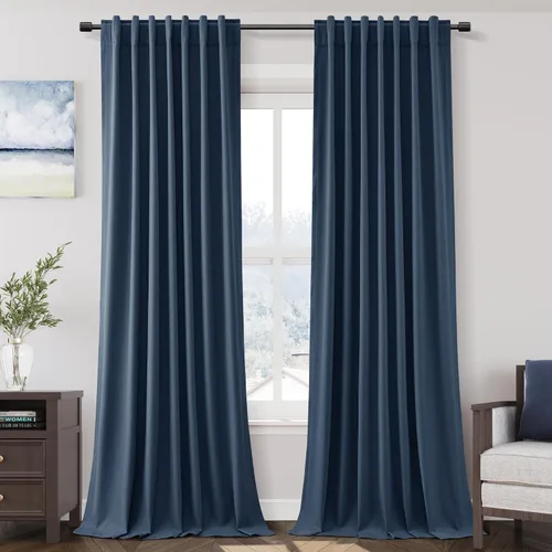Vista 64 de Nanspring Cortinas de lino 100% opacas para dormitorio, 96 pulgadas de largo, con pestaña trasera, bolsillo para barra, aislamiento térmico, cortina
