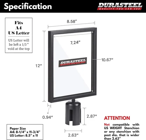 Vista 4 de DuraSteel Soporte de Letrero con Poste de Exhibición Vertical - Marco de Doble Cara para 8.5'' x 11'' - Control de Multitudes y Barrera de Cola