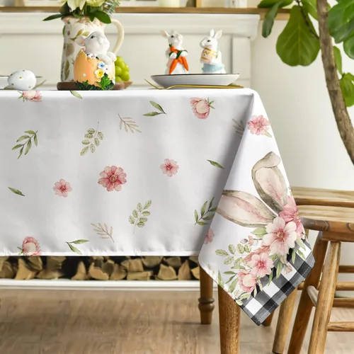 Vista 3 de Horaldaily Mantel de Pascua rectangular de 52 x 70 pulgadas, diseño de flor de primavera, diseño de búfalo a cuadros, para decoración de fiestas