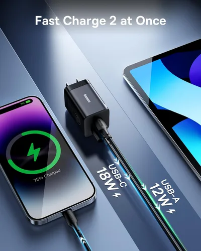 Vista 3 de Baseus Bloque de cargador USB C PD de doble puerto de 30 W, compacto rápido con enchufe plegable para iPad Pro/Air/Mini, iPhone 15/15 Pro/15 Pro