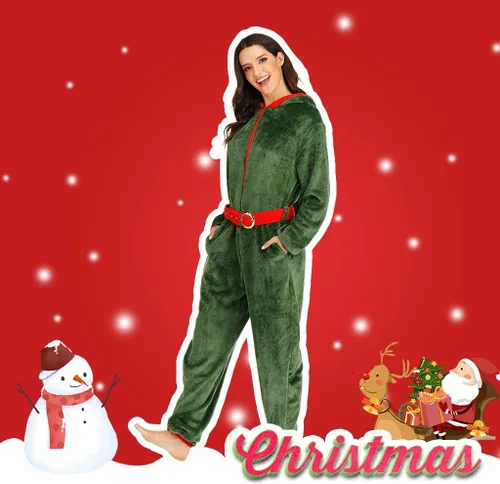 Vista 5 de ReneeCho Disfraz de elfo para mujer, disfraz de Navidad, pijama de elfo verde, traje de vacaciones, Verde