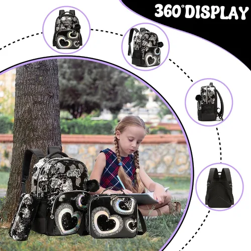 Vista 33 de Mochila para niñas de 16 pulgadas, mochilas para niñas para la escuela, mochila de lentejuelas con lonchera para estudiantes de primaria