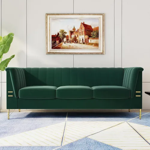 Vista 11 de Sofá de terciopelo beige moderno Mid-Century con patas de metal dorado, sofás Chesterfield de 3 plazas para sala de estar, dormitorio, apartamento