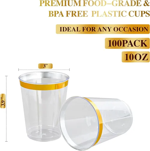 Vista 2 de FOCUSLINE Vasos de plástico dorado de 10 onzas, vasos desechables de plástico duro transparente, borde dorado, resistentes, reutilizables, 100