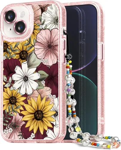Vista 23 de Compatible para iPhone 13 Funda Bonita Estética - Funda para Teléfono Rosa con Purpurina con Protector de Cámara - Diseño de Cubierta