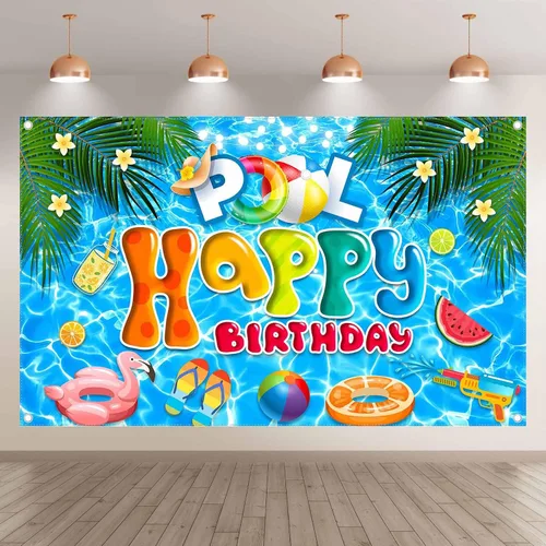 Vista 2 de Fondo de fiesta de verano de 96 x 60 pulgadas para fiesta de piscina, fondo hawaiano de feliz cumpleaños, bolas de natación, palmera tropical