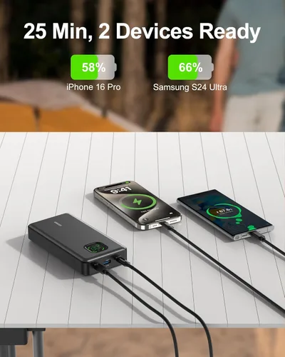 Vista 4 de Banco de energía de 65W, cargador portátil USB C para laptop de 25000mAh esencial para viajes, paquete de batería de carga rápida total de 100W