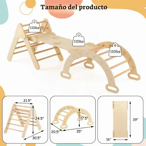 Vista 7 de Olakids Conjunto Triangular Pikler 7 en 1 Juguetes de Escalada para Niños Pequeños de 1 a 3 Años Interior Plegable de Madera Montessori Gimnasio