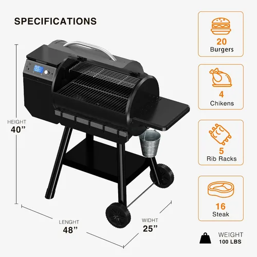Vista 3 de Parrilla ahumadora de pellets de madera con control LCD, área de cocción de 456 in², parrilla de pellets con alimentación automática y eliminación