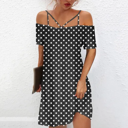 Vista 2 de Women Criss Cross Beach Dress Off Shoulder Summer Dresses Boho Floral Print Mini Sun Dress Sexy Cruise Holiday Clothes
