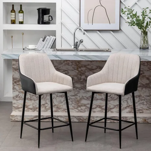 Vista 2 de BTEXPERT Juego de 2 sillas de bar tapizadas de alta calidad Earth Tone de 25 pulgadas con respaldo alto, tela beige acolchada con piel sintética