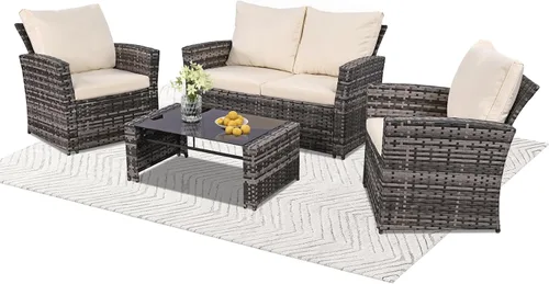 Vista 12 de Juego de 4 muebles de patio al aire libre, muebles de exterior, juego de sofá modular de mimbre para conversación al aire libre, juego de sofá