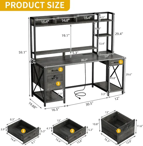 Vista 2 de DWVO Escritorio para computadora con cajones y gabinete, escritorio de oficina de 59.1 pulgadas con tomas de corriente y luces LED, escritorio