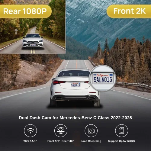 Vista 2 de Fitcamx Cámara de tablero delantera 2K+trasera 1080P para Mercedes-Benz Clase C C300 (HD2-6329) Sedan Coupe Cabriolet 2022-2025, aspecto OEM, video