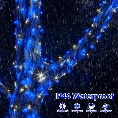 Vista 5 de QITONG Paquete de 2 luces solares azules y blancas de Navidad, cada cadena de 200 luces LED solares de 66 pies para exteriores, impermeable, 8 modos