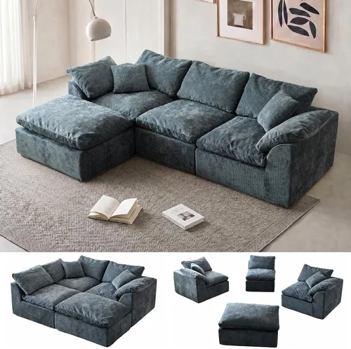 Vista 23 de Sofá modular de nube sin hueso de 110 pulgadas para sala de estar, sofá modular en forma de L de gran tamaño con otomana, sofá seccional de felpilla