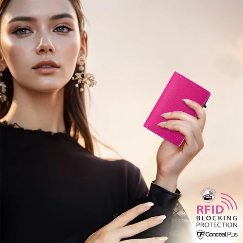 Vista 6 de Conceal Plus - Cartera Card Blocr para mujer, bloqueo RFID, delgada, minimalista, tarjetero, saffiano, poliuretano, rosa