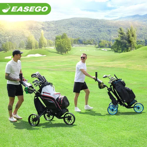Vista 10 de EASEGO Carrito de golf con 3 ruedas: carrito plegable para bolsa de golf con soporte para teléfono/taza/paraguas, carritos de golf compactos