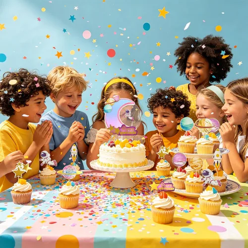 Vista 7 de Ercadio 1 pieza de decoración para tartas de niña espacial, luna, estrella, cohete, planeta, decoración de pasteles, espacio de feliz cumpleaños