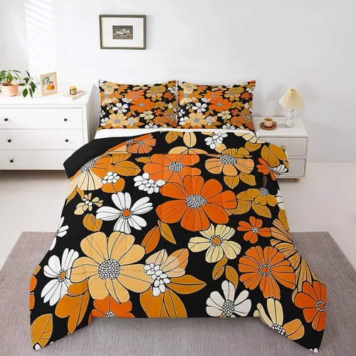 Vista 9 de Juego de ropa de cama floral retro, tamaño individual, vintage de los años 70 y 60, juego de edredón para niños, adultos y adolescentes, juego