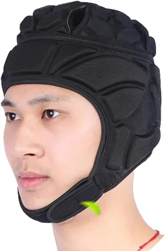 Vista 7 de Casco de rugby ajustable, suave acolchado para fútbol, gorra británica anticolisión con correa para la barbilla, protector de cabeza de fútbol, Negro
